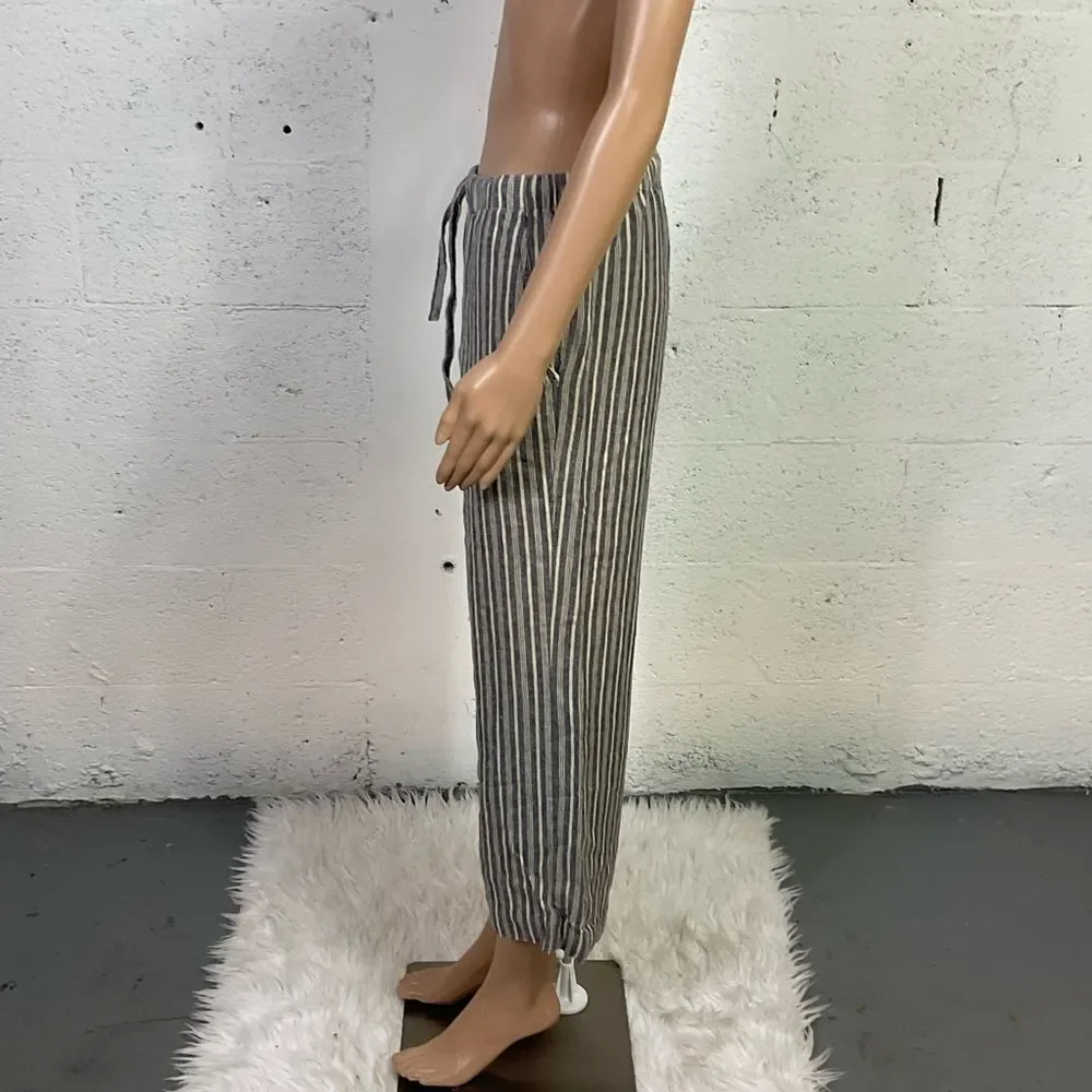 Urban Outfitters Y2K Stripes Blue Linen Drawstring Pull On Cropped Pants S